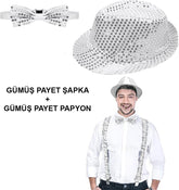 Nessiworld Gümüş Payetli Şapka ve Papyon Seti – Parıltılı Yetişkin Kostüm Seti
